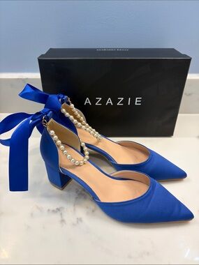 Azazie Matte Satin Pearl and Bow Pointed Toe Block Heels